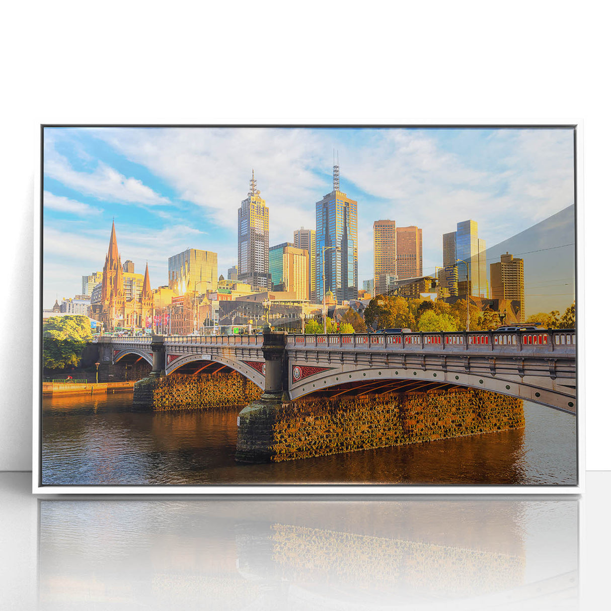 Acrylic print of Melbourne skyline in muted gray and blue tones on a white frame, ideal for modern art wall decor.