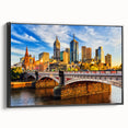 Black and white wall art of Melbourne landscape on framed canvas, ideal for bedroom decor.