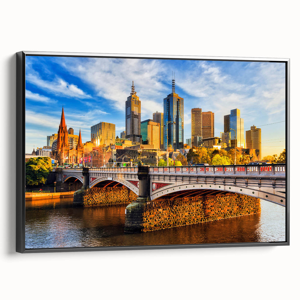 Black and white wall art of Melbourne landscape on framed canvas, ideal for bedroom decor.