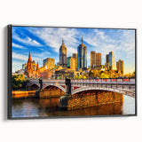 Black and white wall art of Melbourne landscape on framed canvas, ideal for bedroom decor.