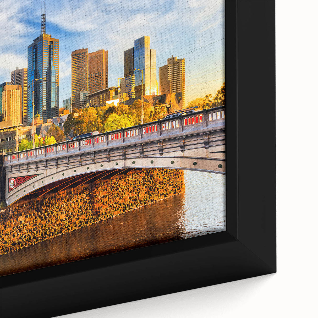 Black wall art featuring a textured Melbourne cityscape with colorful accents on a framed canvas.
