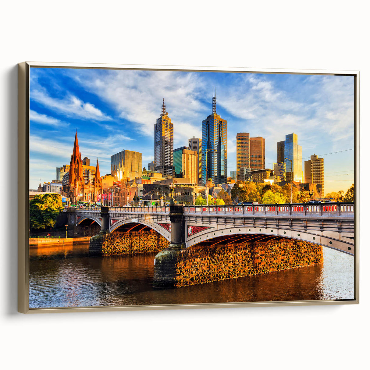 Framed canvas of a vintage Melbourne landscape painting with gold and black tones, ideal for living room decor.