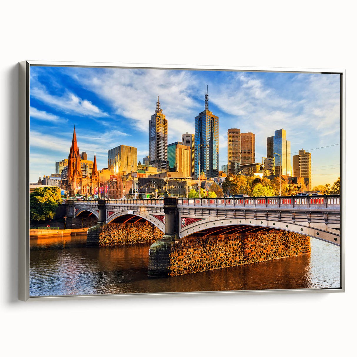 Vintage poster art of Melbourne with colorful accents on black, framed canvas, ideal for living room decor.