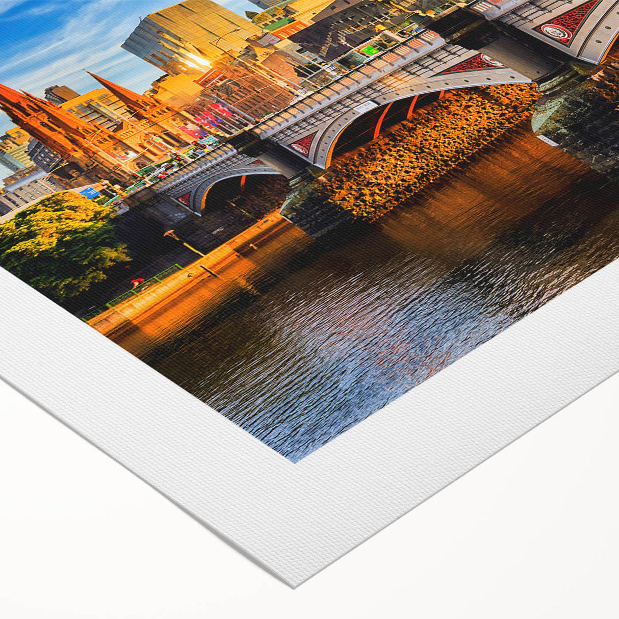 Art deco poster of Melbourne skyline in muted gray and blue tones on rolled canvas, suitable for dining room wall art.