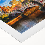 Art deco poster of Melbourne skyline in muted gray and blue tones on rolled canvas, suitable for dining room wall art.