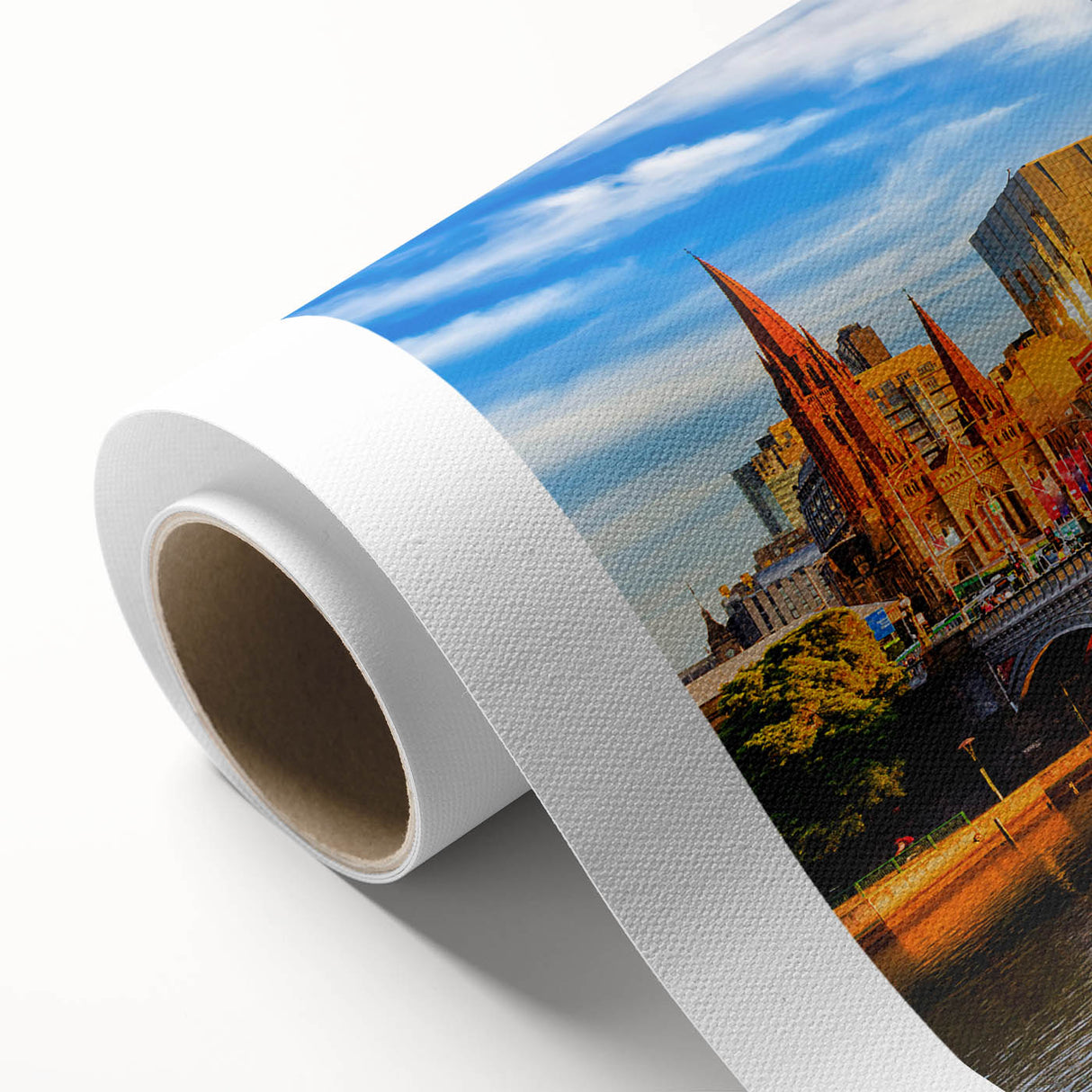 Art Deco poster of Melbourne skyline in pastel shades on rolled canvas, ideal for nursery wall art.