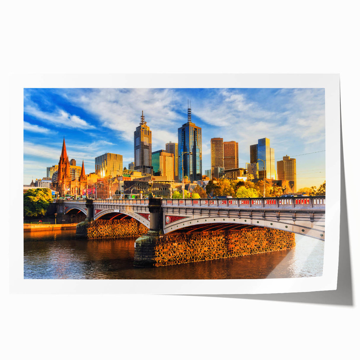 Rolled print of Melbourne skyline in soft blue and gray tones, ideal for art wall dining room.