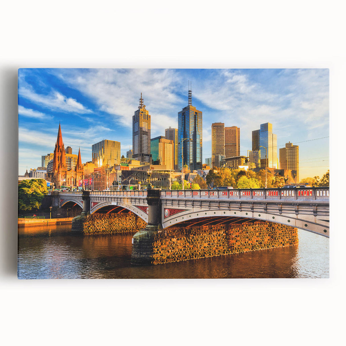 Black and white large art print of Melbourne skyline on stretched canvas, suitable for kitchen wall art.