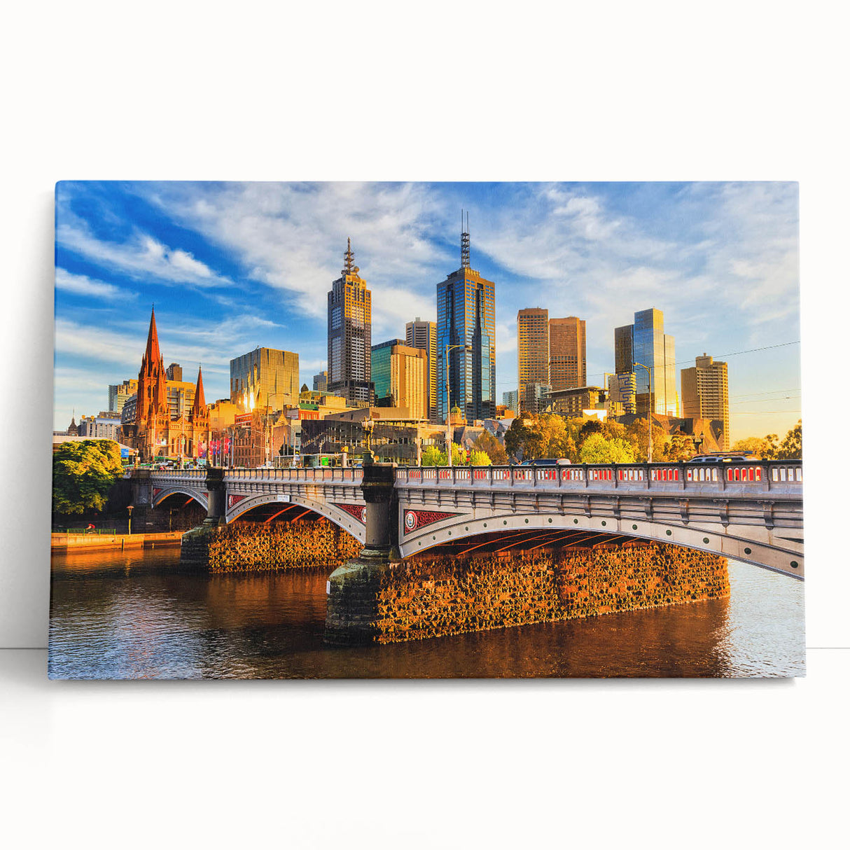 Black and white large art print of Melbourne skyline on stretched canvas, ideal for kitchen wall art or bedroom ambiance.