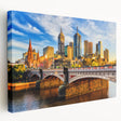Melbourne skyline depicted in muted blue and gray tones on a large stretched canvas, suitable for kitchen wall art.