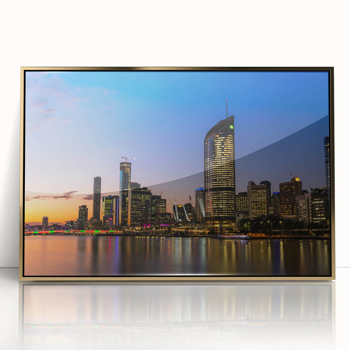 Art deco poster of Queensland, Australia scenery in gold tones on framed acrylic, suited for nursery wall decor.