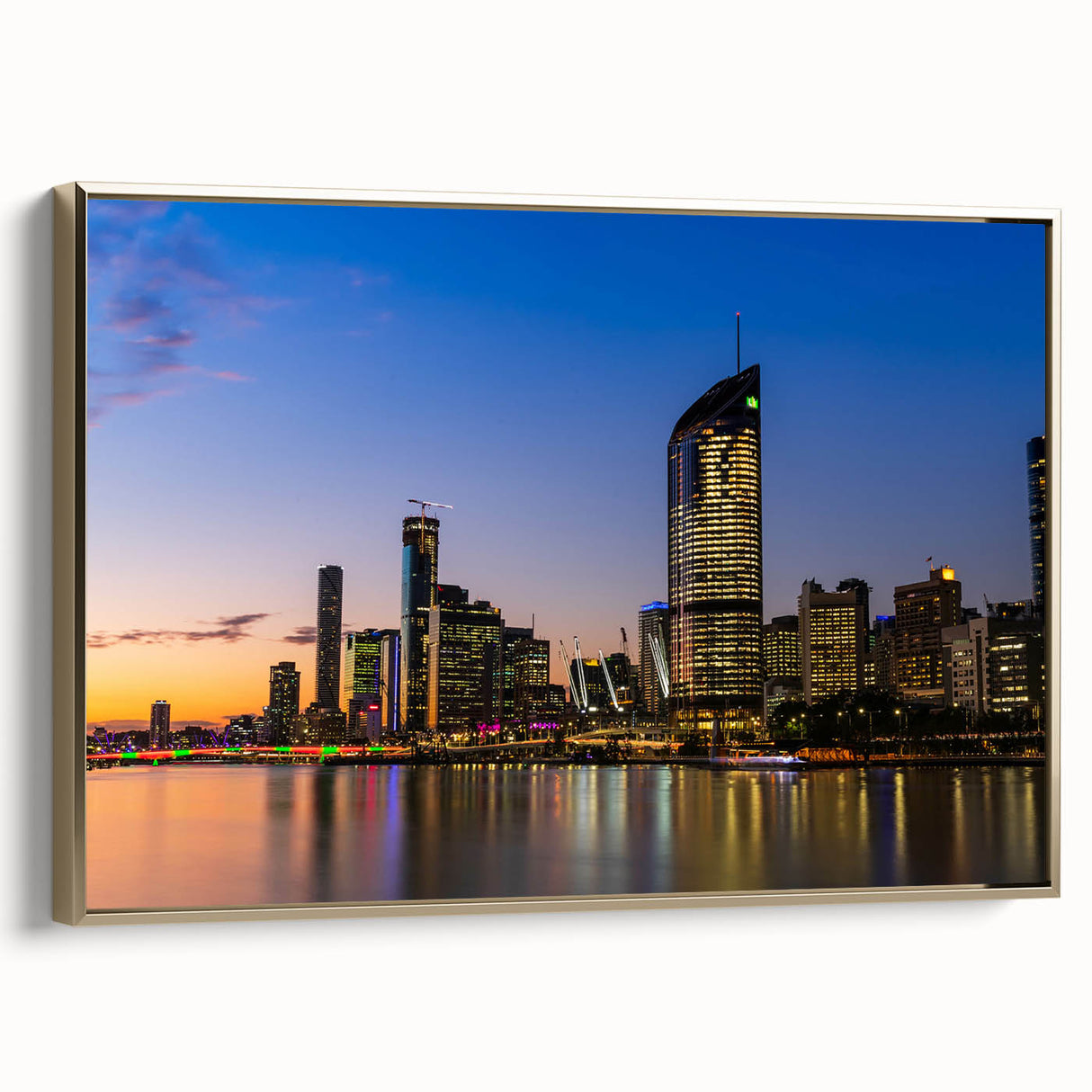 Vintage poster art of Queensland scenery on extra large framed canvas, featuring vibrant colors against a black background.