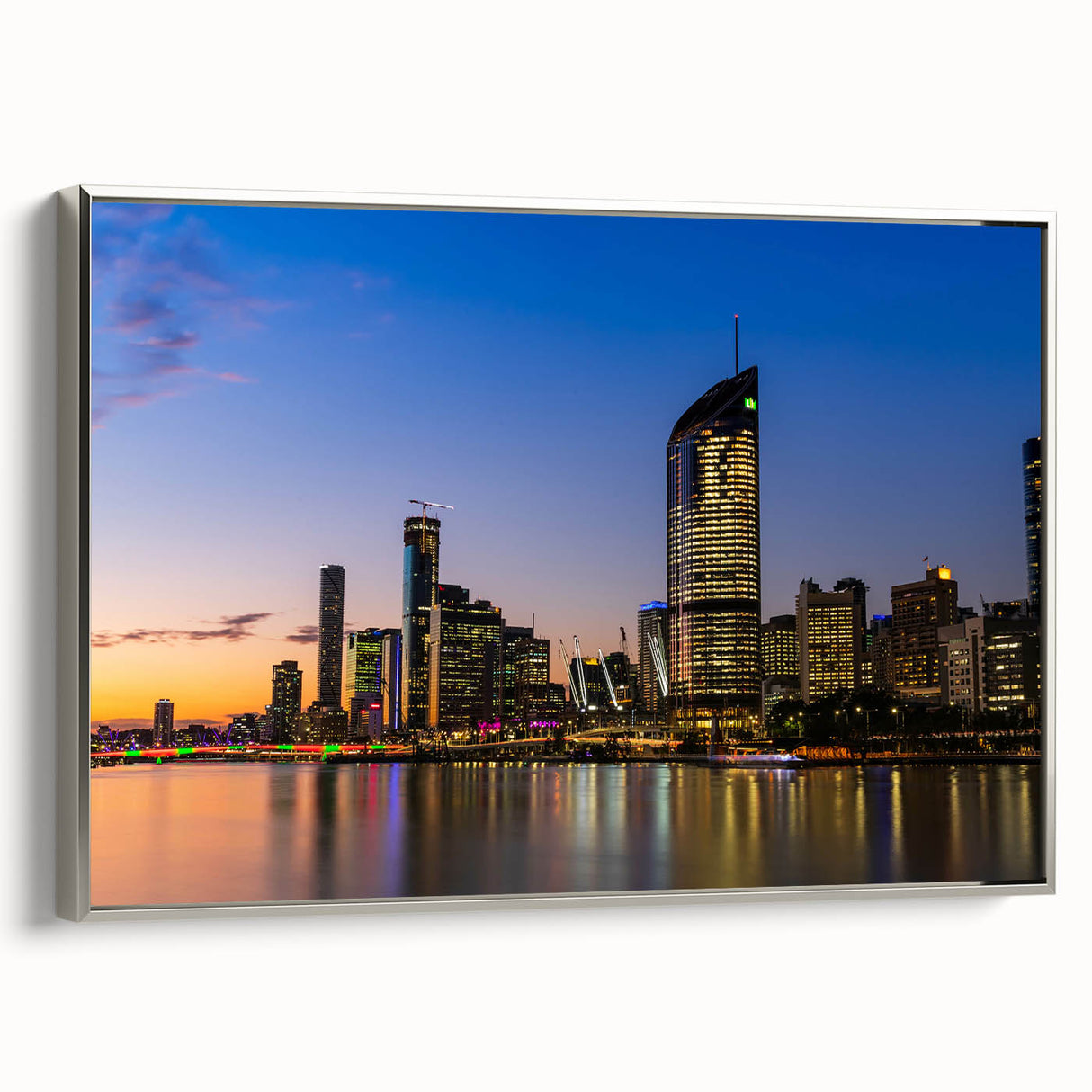 Framed canvas featuring a vintage-style landscape painting of Queensland, Australia in muted earth tones.