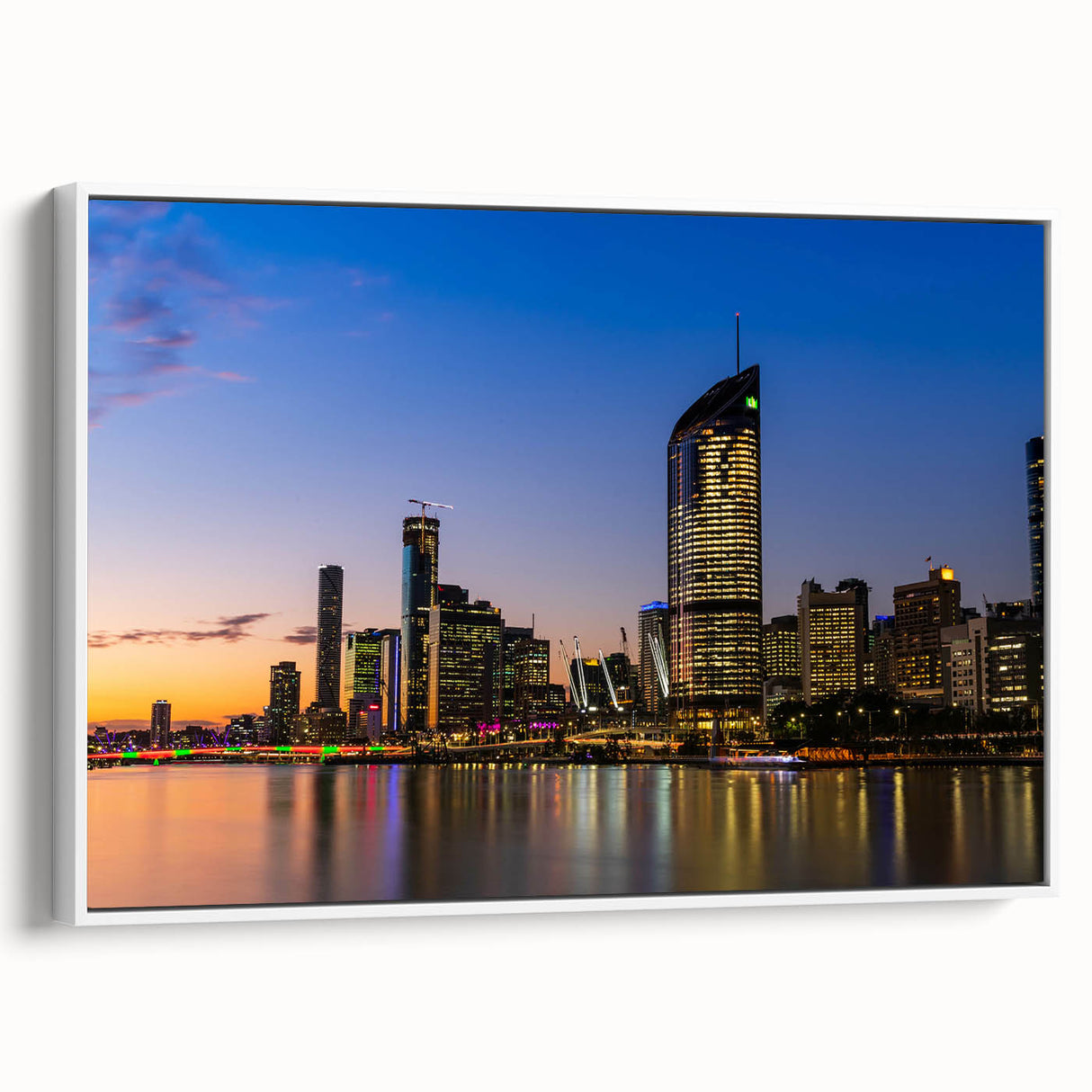 Framed canvas print of a vintage Queensland landscape with vibrant green and blue tones, ideal for living room decor.
