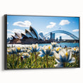 Black and white framed canvas of Sydney landscape, ideal for bedroom wall art.