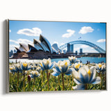 Framed canvas of Sydney landscape art in vintage poster style, featuring black and colorful hues, ideal for office decor.