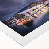 Art deco poster of Tasmania landscape in muted green and blue tones on rolled canvas, suitable for dining room decor.