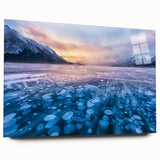 Large abstract depiction of Alberta scenery on acrylic glass, featuring cool blue and green tones.