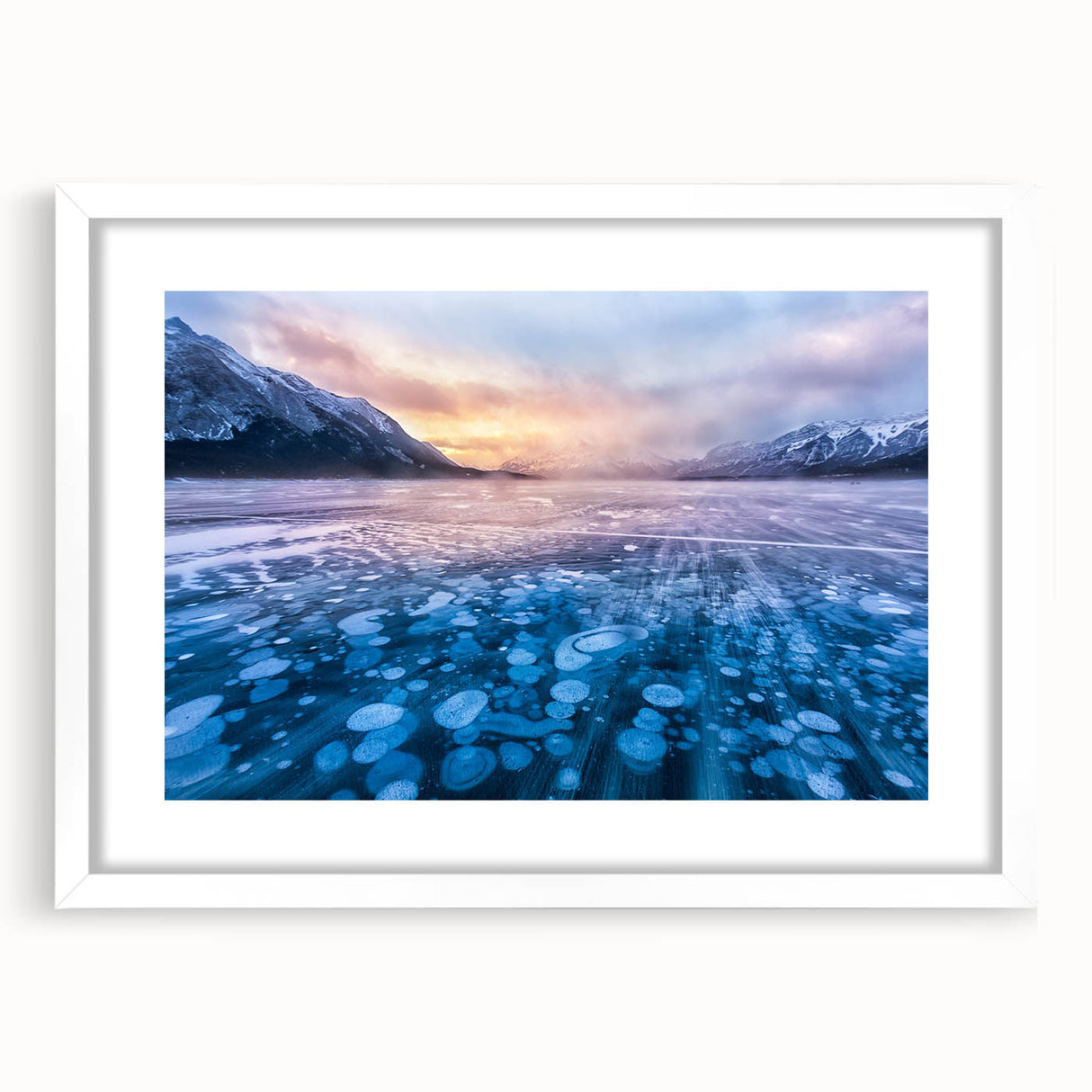 Abstract art print of Alberta, Canada scenery in muted earth tones, framed with a white mat, ideal for dining room decor.