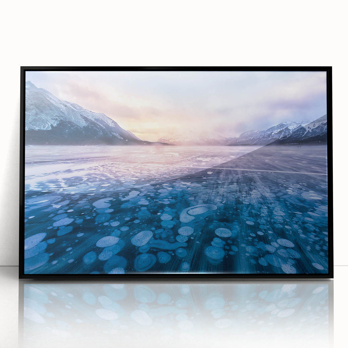 Large abstract wall art depicting a serene Alberta, Canada scenery in muted earth tones on a framed acrylic.