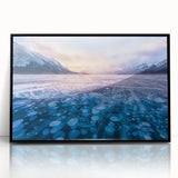Large abstract wall art depicting a serene Alberta, Canada scenery in muted earth tones on a framed acrylic.