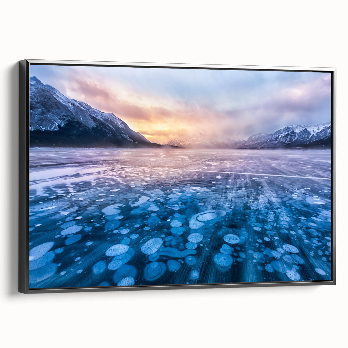 Framed canvas featuring a black and white landscape of Alberta, Canada, ideal for bedroom decor.