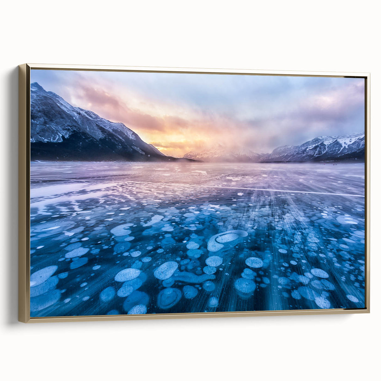 Vintage poster art of Alberta, Canada scenery on extra large framed canvas, featuring vibrant colors with a black border.