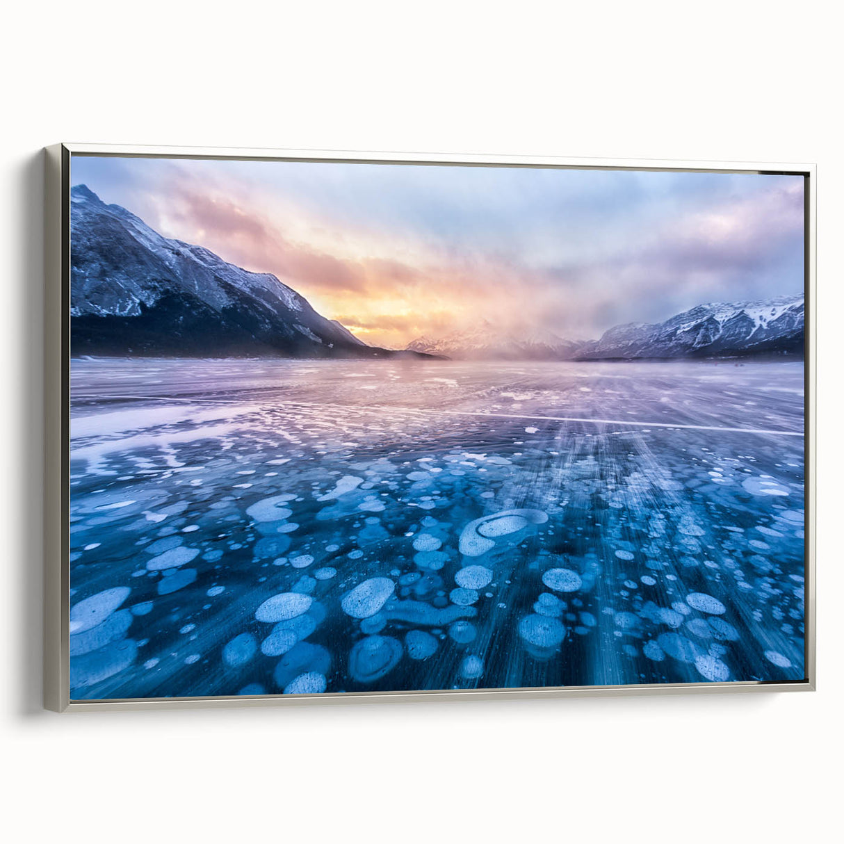 Framed canvas of a vintage-style Alberta landscape in muted greens and blues, ideal for bedroom wall art.