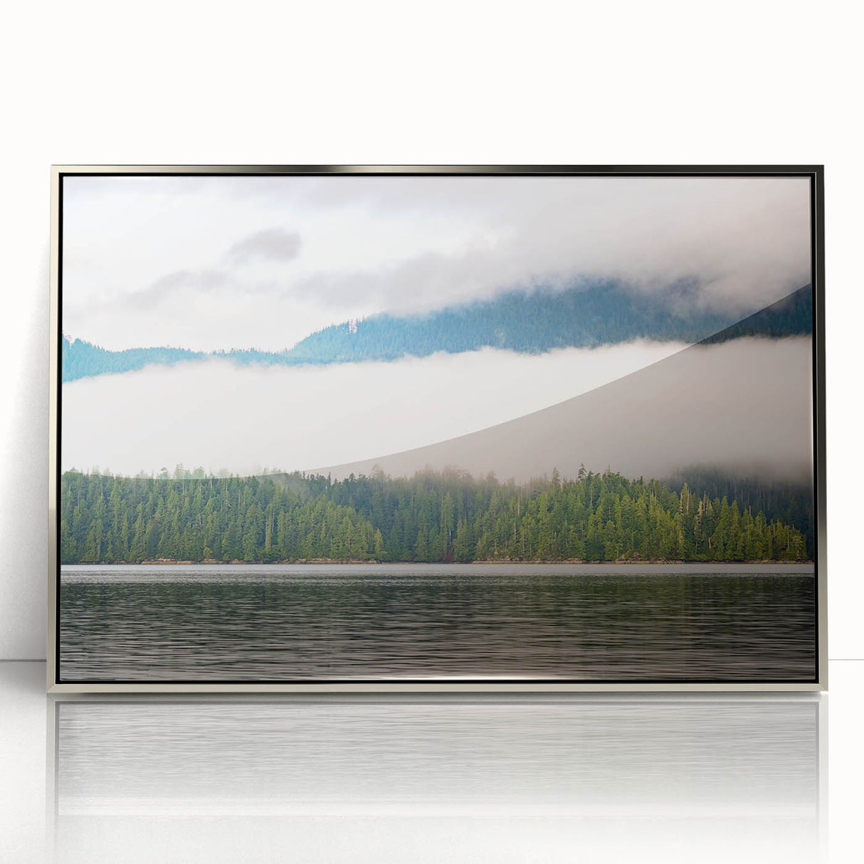 Mid-century modernist art depicting British Columbia scenery in muted earth tones on a silver-framed acrylic print.