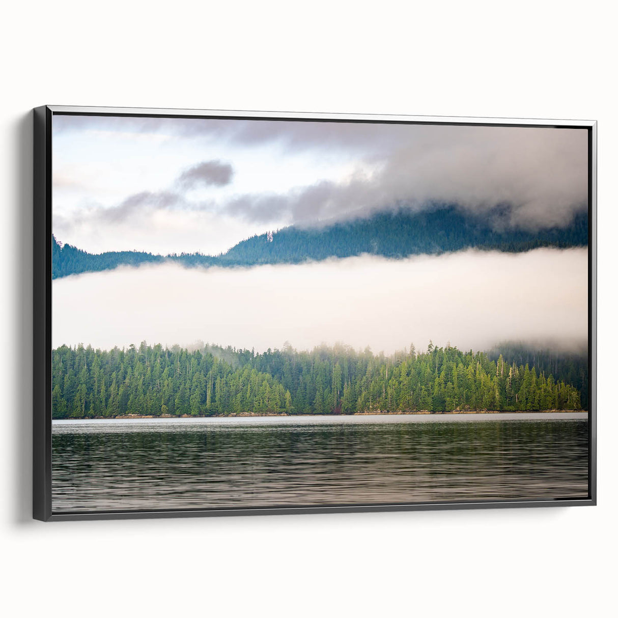 Black and white landscape art painting of British Columbia on a framed canvas, ideal for bedroom decor.