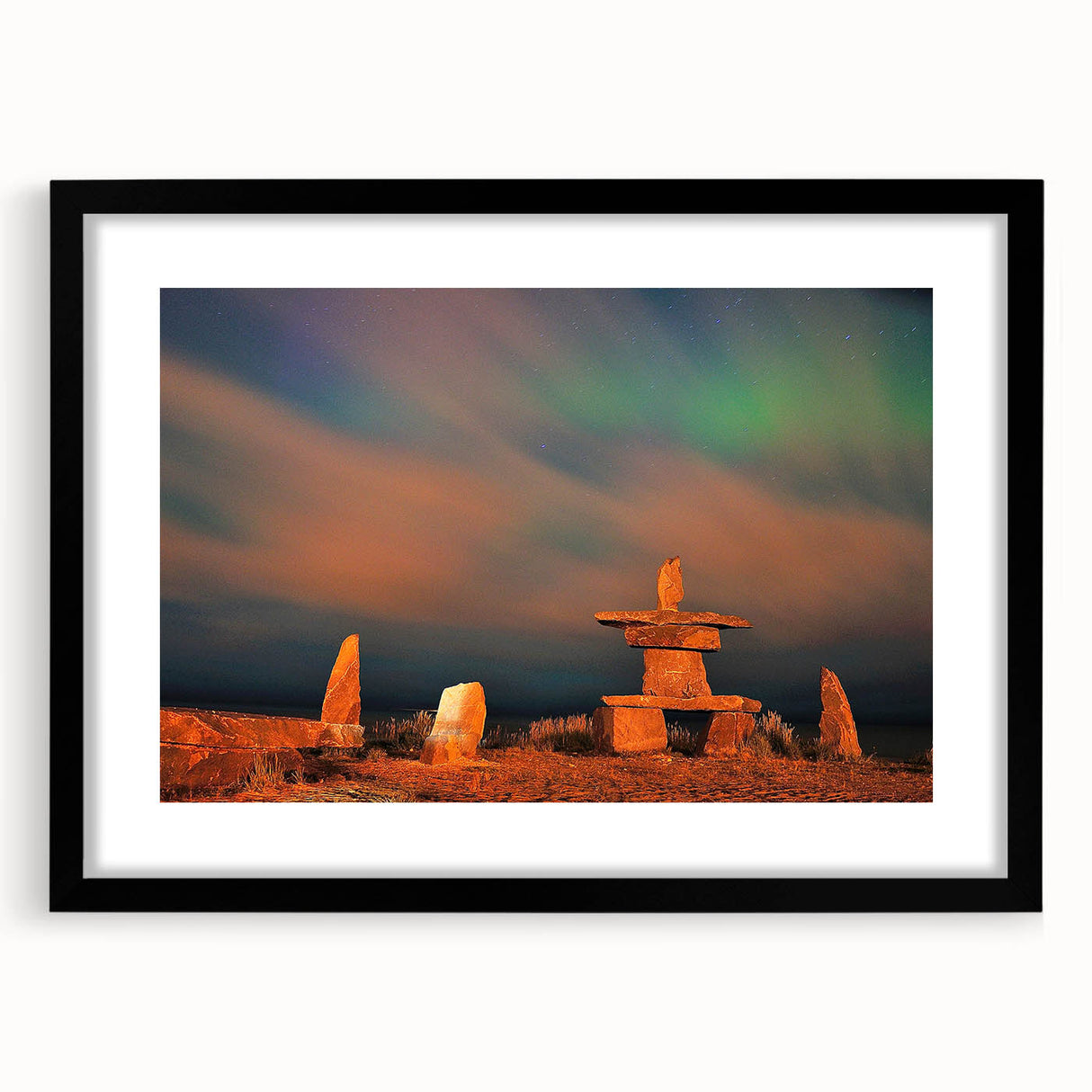 Colorful abstract art print of textured scenery in Manitoba, in a large black frame, ideal for living room decor.