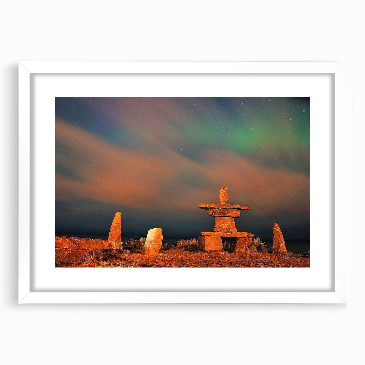 Abstract art print depicting a serene Manitoba landscape in muted earth tones, framed with a white mat.