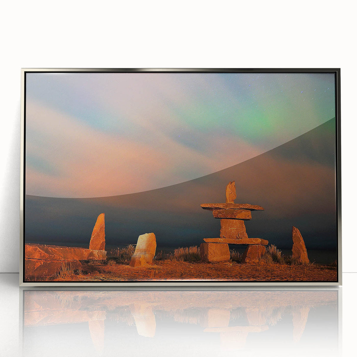 Mid-century modernist art depicting a serene Manitoba scenery in cool blues and greens, framed in silver acrylic.