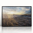 Large abstract wall art depicting a serene New Brunswick scenery in muted earth tones on a framed acrylic.
