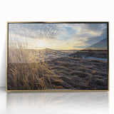 Large art print of New Brunswick scenery in mid-century modernist style, framed in acrylic with gold tones.
