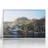 Framed acrylic print of a Newfoundland scenery in pastel colors, ideal for modern nursery wall decor.