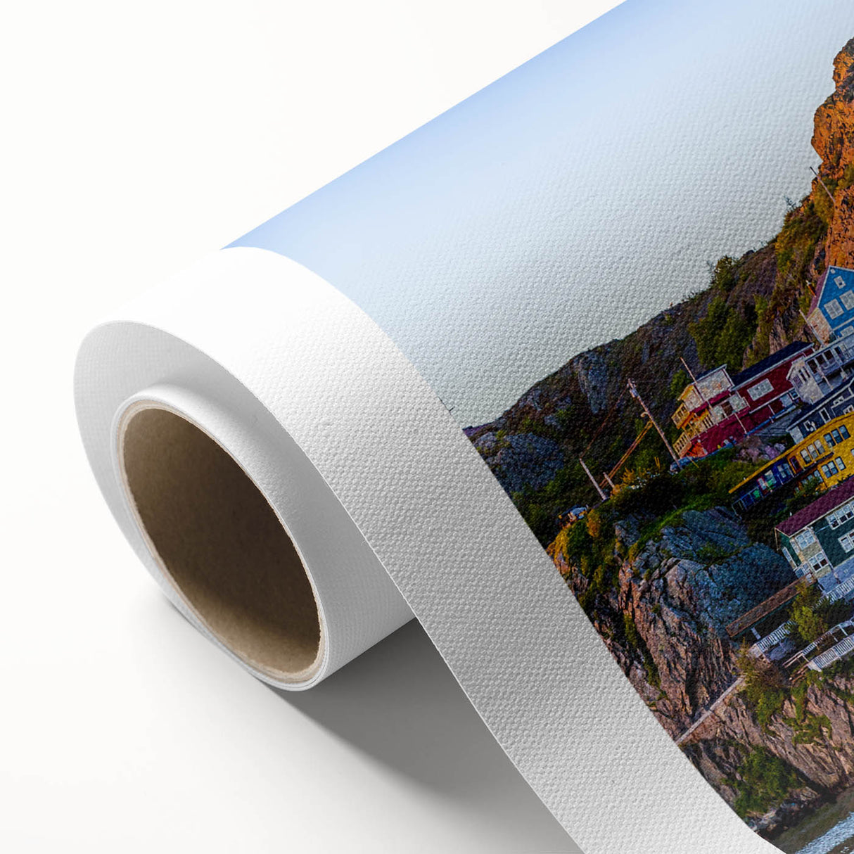 Art Deco-style poster of Newfoundland scenery on rolled canvas, featuring muted earth tones, ideal for nursery wall art.