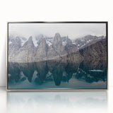 Framed acrylic print of a mid-century modernist Canadian Northwest Territories landscape in cool blue tones.