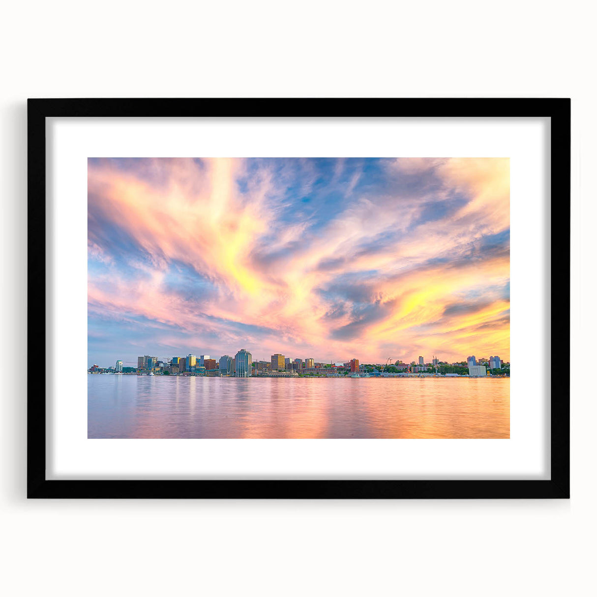 Extra large framed print of a colorful, abstract Nova Scotia scenery in vibrant hues, ideal for living room decor.