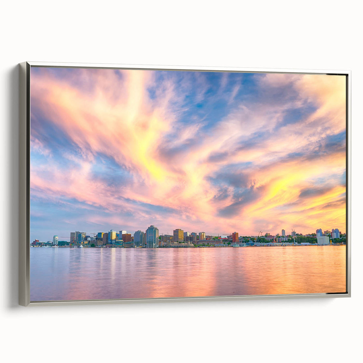 Framed canvas depicting a vintage-style Nova Scotia landscape in colorful tones, ideal for living room decor.