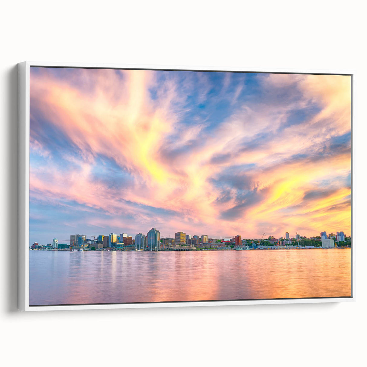 Framed canvas of a vintage poster art depicting Nova Scotia scenery, featuring colorful art on a black background.