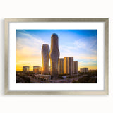 Textured art print of an abstract Ontario scenery in muted earth tones, framed in silver, ideal for bedroom wall decor.