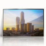 Mid-century modernist style landscape of Ontario, Canada in muted greens and blues on a framed acrylic print.