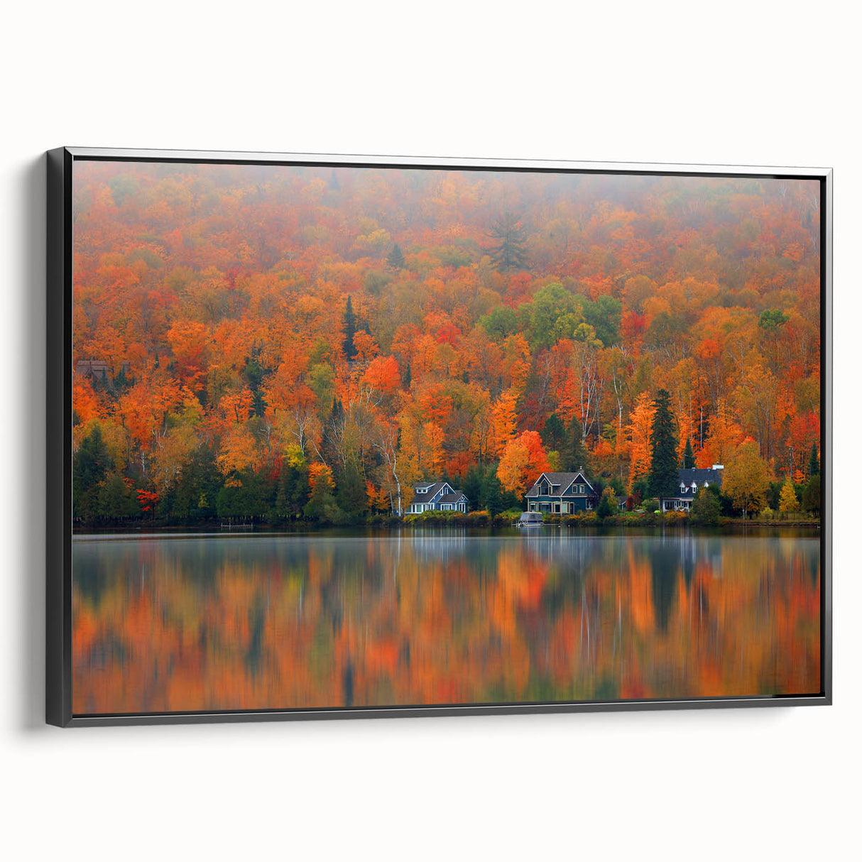 Black and white landscape art painting of Quebec scenery on framed canvas, suitable for bedroom wall decor.