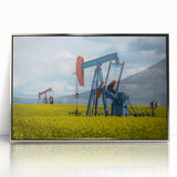 Mid-century modernist art depicting Saskatchewan scenery, in muted earth tones on a framed acrylic print.