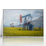 Art deco poster of Saskatchewan scenery in muted earth tones on framed acrylic, suitable for nursery wall art.