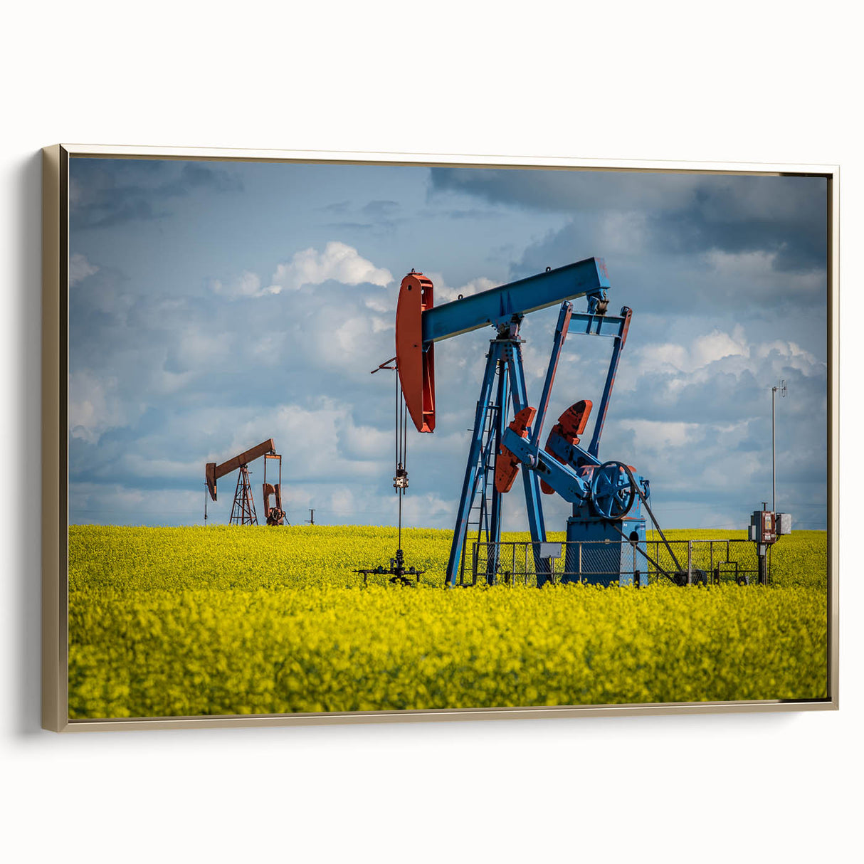 Framed canvas featuring a vintage-style landscape painting of Saskatchewan, with muted earth tones.