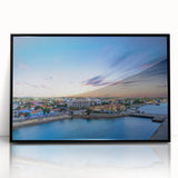 Framed acrylic print of a large abstract wall art depicting Caribbean scenery in vibrant blue and green tones.