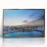 Art deco poster featuring Aruba scenery in bold gold and blue tones, acrylic print framed.