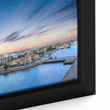 Framed canvas of a Caribbean Aruba landscape featuring black textured art with colorful accents, ideal for living room decor.